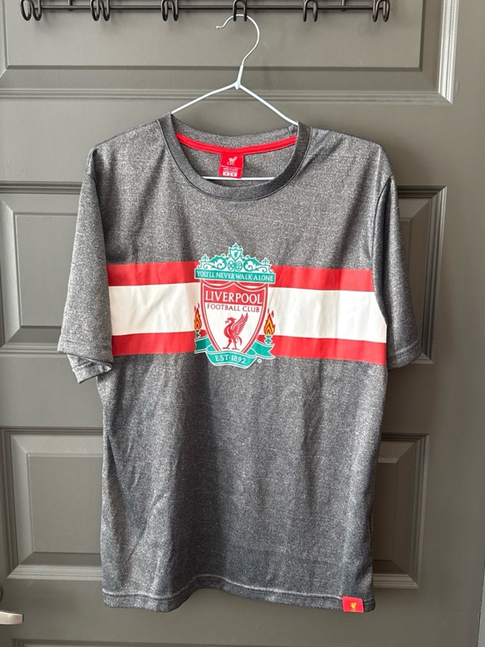 Official Liverpool FC Graphic T-Shirt Heather Gray Red White Chest Stripe Medium